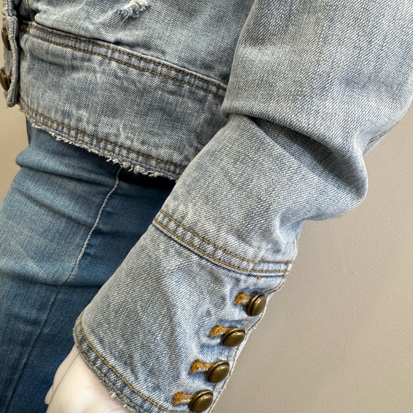 Free People Double-Breasted Military Moto Light Blue Denim Jean Jacket Band - Picture 7 of 9